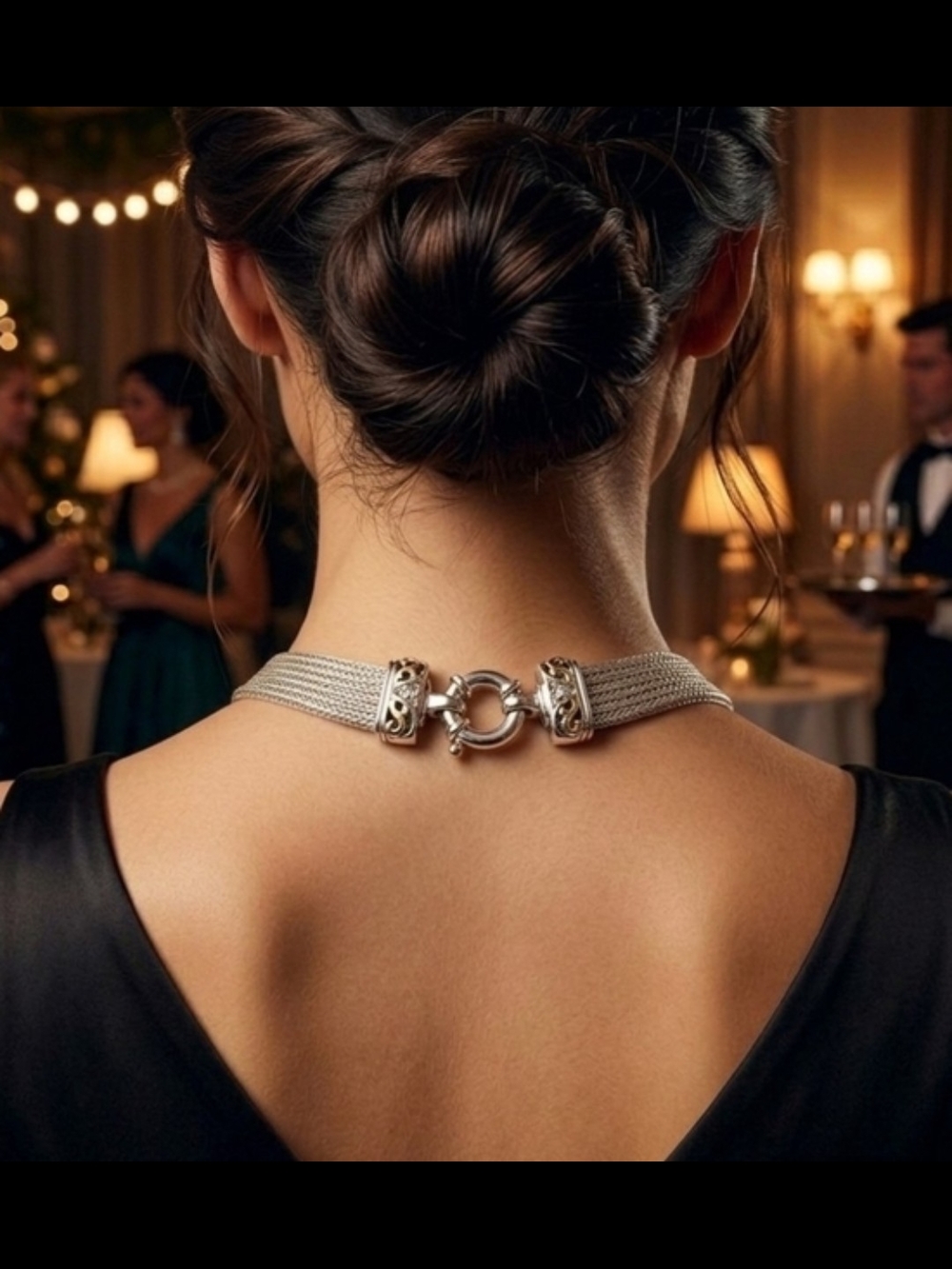 925 Multi-Strand Woven Choker Necklace with Ornate Diamond And 14k Centerpiece - Picture 2 of 11